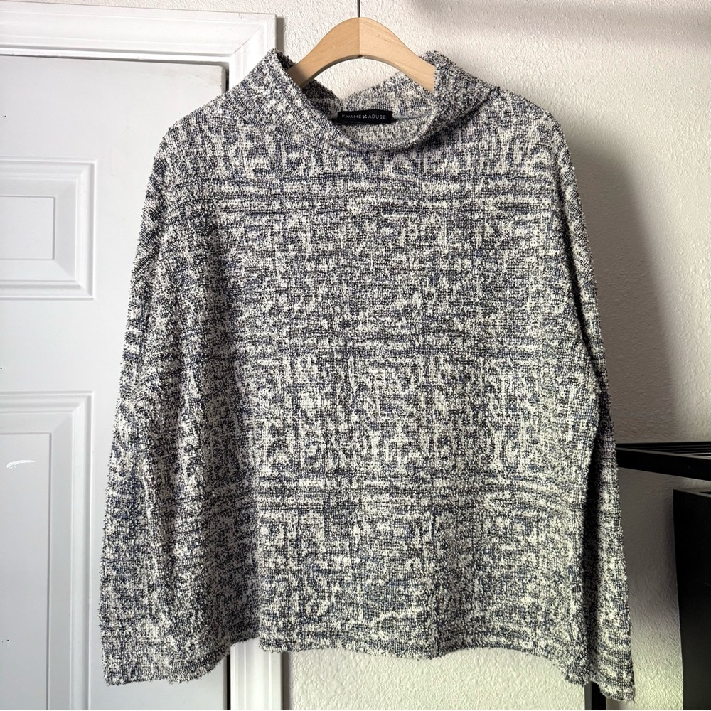 KWAME ADUSEI grey white blue boucle funnel mock neck boxy‎ cropped sweater